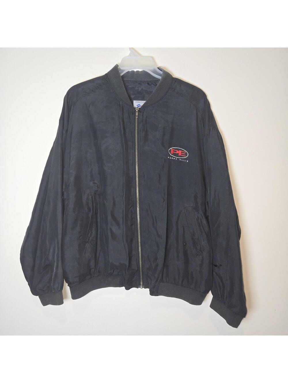 Perry Ellis 100% Silk Black Size L Jacket Bomber Style Logo READ Condition